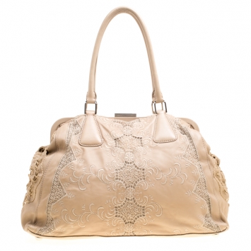 Pre Owned Valentino Biege Leather and Lace Frame Tote