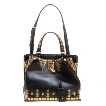Pre Owned Valentino Black Leather Medium Joy Lock Studded Top Handle Bag
