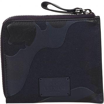 Pre Owned Valentino Navy Blue Canvas and Leather Camouflage Zip Around Wallet