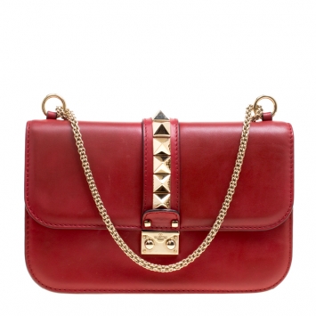 Pre Owned Valentino Red Leather Rockstud Medium Glam Lock Flap Bag