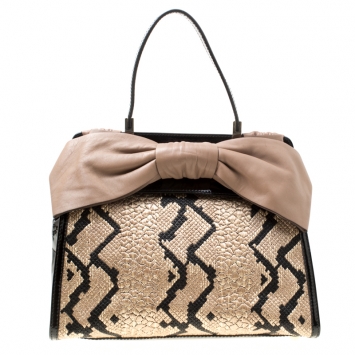 Pre Owned Valentino Black/Beige Python Print Raffia and Patent Leather Aphrodite Bow Bag