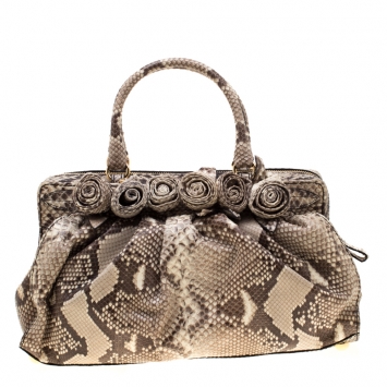 Pre Owned Valentino Beige Python Lacca Fleur Frame Satchel Bag