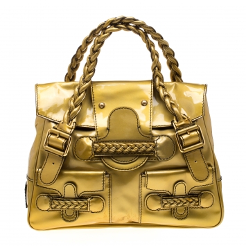 Pre Owned Valentino Metallic Yellow Patent Leather Histoire Satchel