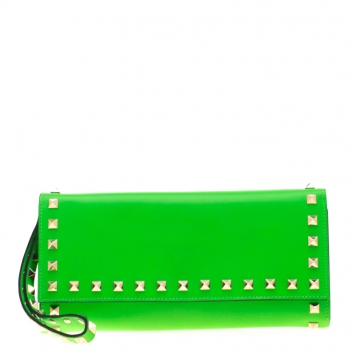 Pre Owned Valentino Neon Green Leather Rockstud Trifold Wallet