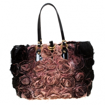Pre Owned Valentino Pink/Black Silk and Patent Leather Organza Rosier Tote