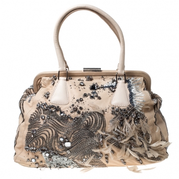 Pre Owned Valentino Beige Leather Embellished and Feather Alice Glam Frame Bag