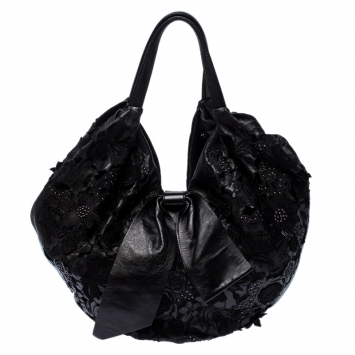 Pre Owned Valentino Black Lace/Beads and Leather Hobo