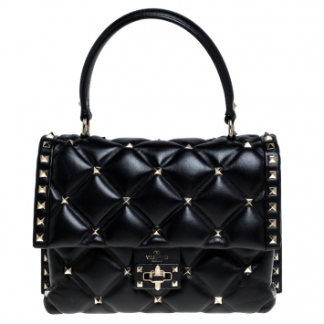 Pre Owned Valentino Black Quilted Leather Medium Candystud Top Handle Bag