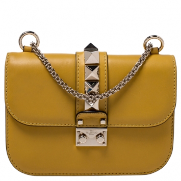 Pre Owned Valentino Yellow Leather Small Glam Lock Flap Bag