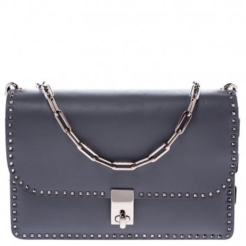 Pre Owned Valentino Grey Leather Studded Flap Crossbody Bag