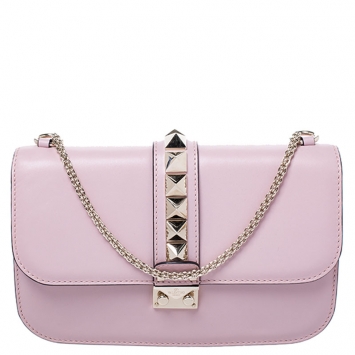 Pre Owned Valentino Pink Leather Rockstud Medium Glam Lock Flap Bag