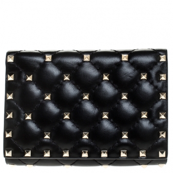 Pre Owned Valentino Black Leather Rockstud Spike Compact Wallet