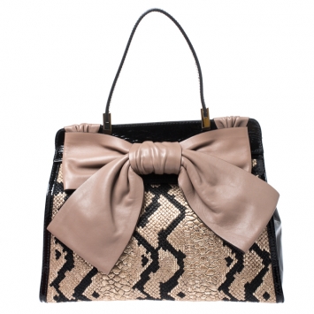 Pre Owned Valentino Black Raffia/Leather and Patent Leather Aphrodite Bow Top Handle Bag