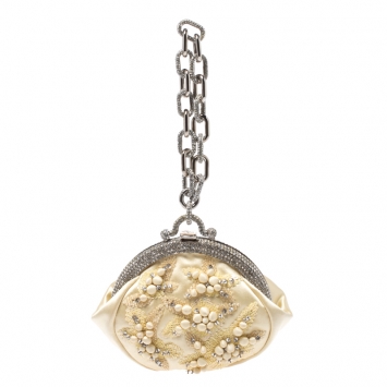 Pre Owned Valentino Cream Satin Crystal Embellished Chain Clutch