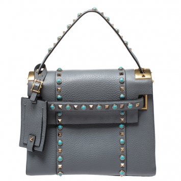 Pre Owned Valentino Grey Leather Rockstud Rolling Top Handle Bag