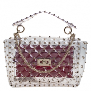 Pre Owned Valentino Clear/Red PVC Rockstud Spike Top Handle Bag