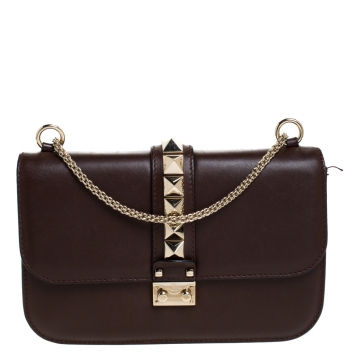 Pre Owned Valentino Dark Brown Leather Medium Rockstud Glam Lock Flap Bag
