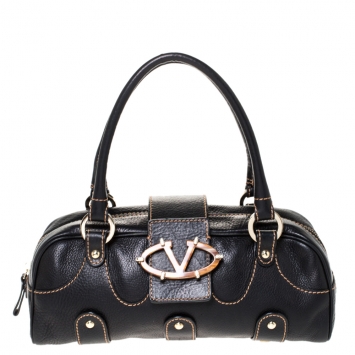 Pre Owned Valentino Black Leather Crystal Catch Satchel