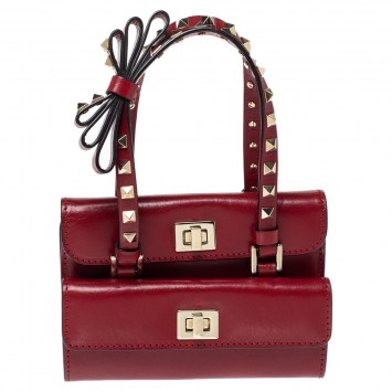 Pre Owned Valentino Red Leather Mini Rockstud Double Flap Bag