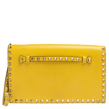 Pre Owned Valentino Yellow Leather Rockstud Wristlet Clutch