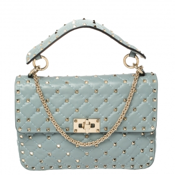 Pre Owned Valentino Blue Leather Medium Rockstud Spike Top Handle Bag