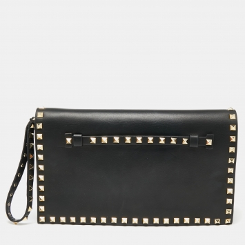 Pre Owned Valentino Black Leather Rockstud Wristlet Clutch 