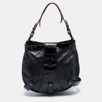 Pre Owned Valentino Black Coated Canvas and Patent Leather Catch Hobo