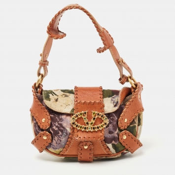 Pre Owned Valentino Multicolor Floral Canvas and Leather Crystals VLogo Hobo