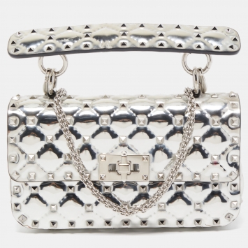 Pre Owned Valentino Silver Quilted Patent Leather Small Rockstud Spike Top Handle Bag