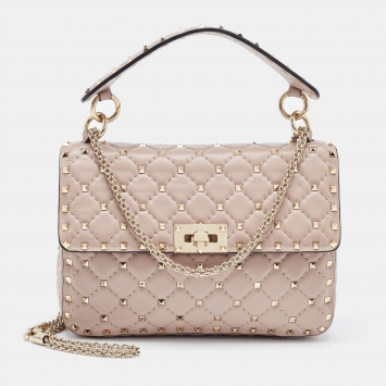 Pre Owned Valentino Light Pink Leather Medium Rockstud Spike Top Handle Bag