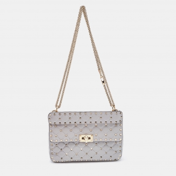 Pre Owned Valentino Grey Quilted Leather Medium Rockstud Spike Chain Bag