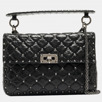 Pre Owned Valentino Black Quilted Leather Rockstud Spike Top Handle Bag