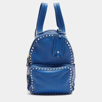 Pre Owned Valentino Blue Leather Rockstud Front Pocket Backpack