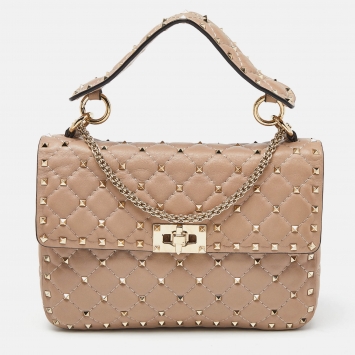 Pre Owned Valentino Pink Quilted Leather Medium Rockstud Spike Chain Top Handle Bag