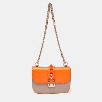 Pre Owned Valentino Orange/Beige Leather Small Rockstud Glam Lock Flap Bag