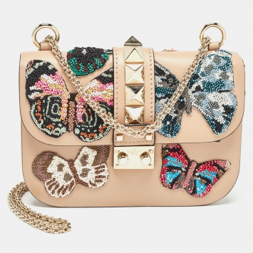 Pre Owned Valentino Beige Leather Small Butterfly Beads Rockstud Glam Lock Bag