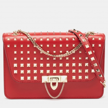 Pre Owned Valentino Red Leather Rockstud Demilune Shoulder Bag