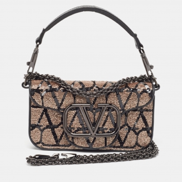 Pre Owned Valentino Black/Metallic Sequence and Leather Small Locò Toile Iconographe Bag