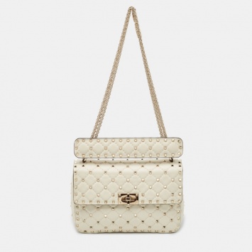 Pre Owned Valentino Off White Quilted Leather Medium Rockstud Spike Top Handle Bag