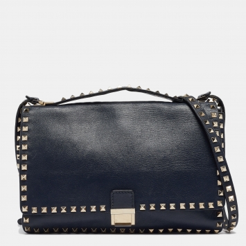 Pre Owned Valentino Navy Blue Leather Rockstud Top Handle Bag