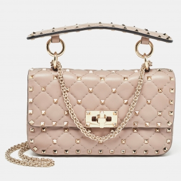 Pre Owned Valentino Beige Quilted Leather Small Rockstud Spike Top Handle Bag