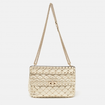 Pre Owned Valentino Gold Quilted Leather Medium Rockstud Spike Top Handle Bag