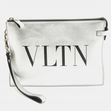 Pre Owned Valentino Silver Leather VLTN Wristlet Clutch