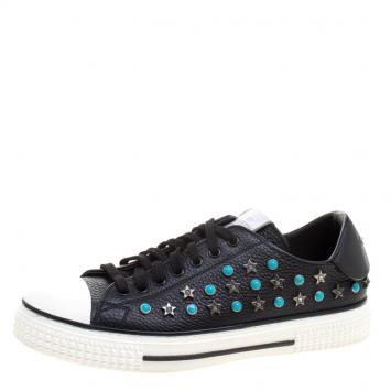 Pre Owned Valentino Black Leather Star Studded Low Top Sneakers Size 40