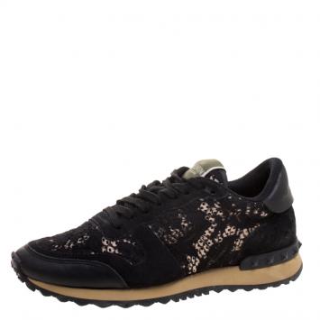 Pre Owned Valentino Black Leather and Macramé Lace Sneakers Size 37.5