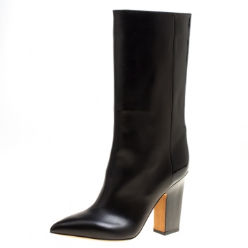 Pre Owned Valentino Black Leather Mid Calf Pointed Toe Boots Size 38.5