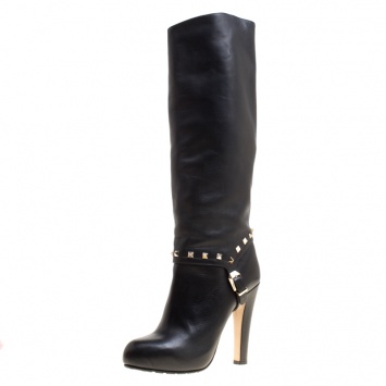 Pre Owned Valentino Black Leather Rockstud Knee High Boots Size 40
