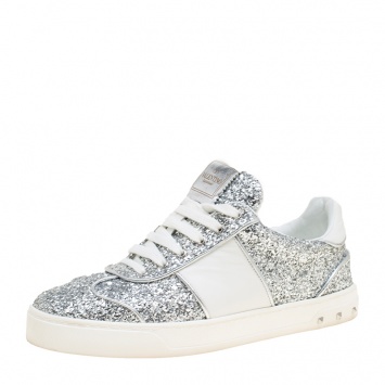 Pre Owned Valentino Silver/White Glitter and Leather Fly Crew Lace Up Sneakers Size 38