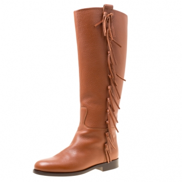 Pre Owned Valentino Brown Leather Fringe Detail Knee Length Boots Size 36.5