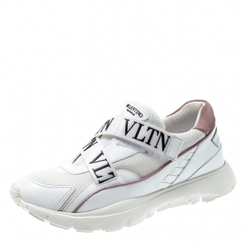 Pre Owned Valentino White/Pink Mesh And Leather VLTN Heroes Velcro Strap Sneakers Size 39
